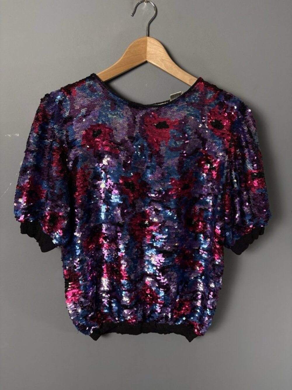 Vintage 80s OLEG CASSINI Womens M Silk Sequin Flower Short Sleeve Blouse Top